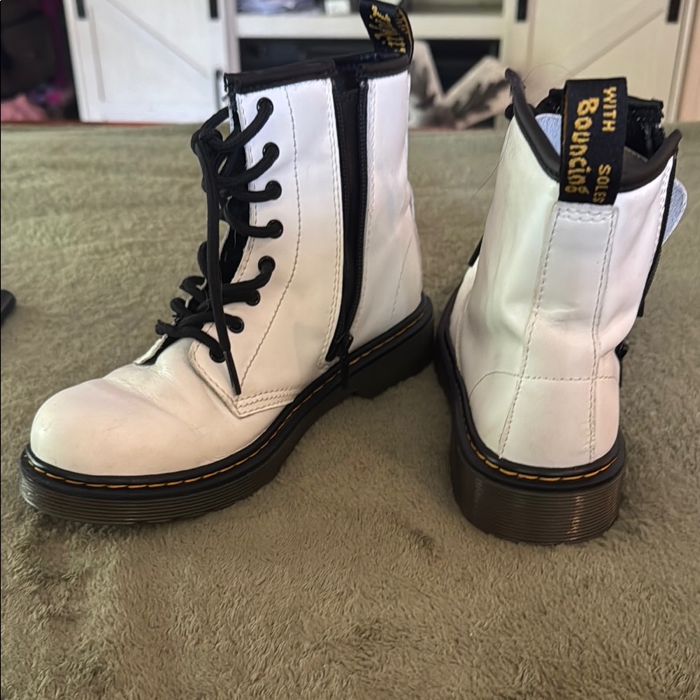 Dr. Martens White and Black Combat Boots with Glossy Finish